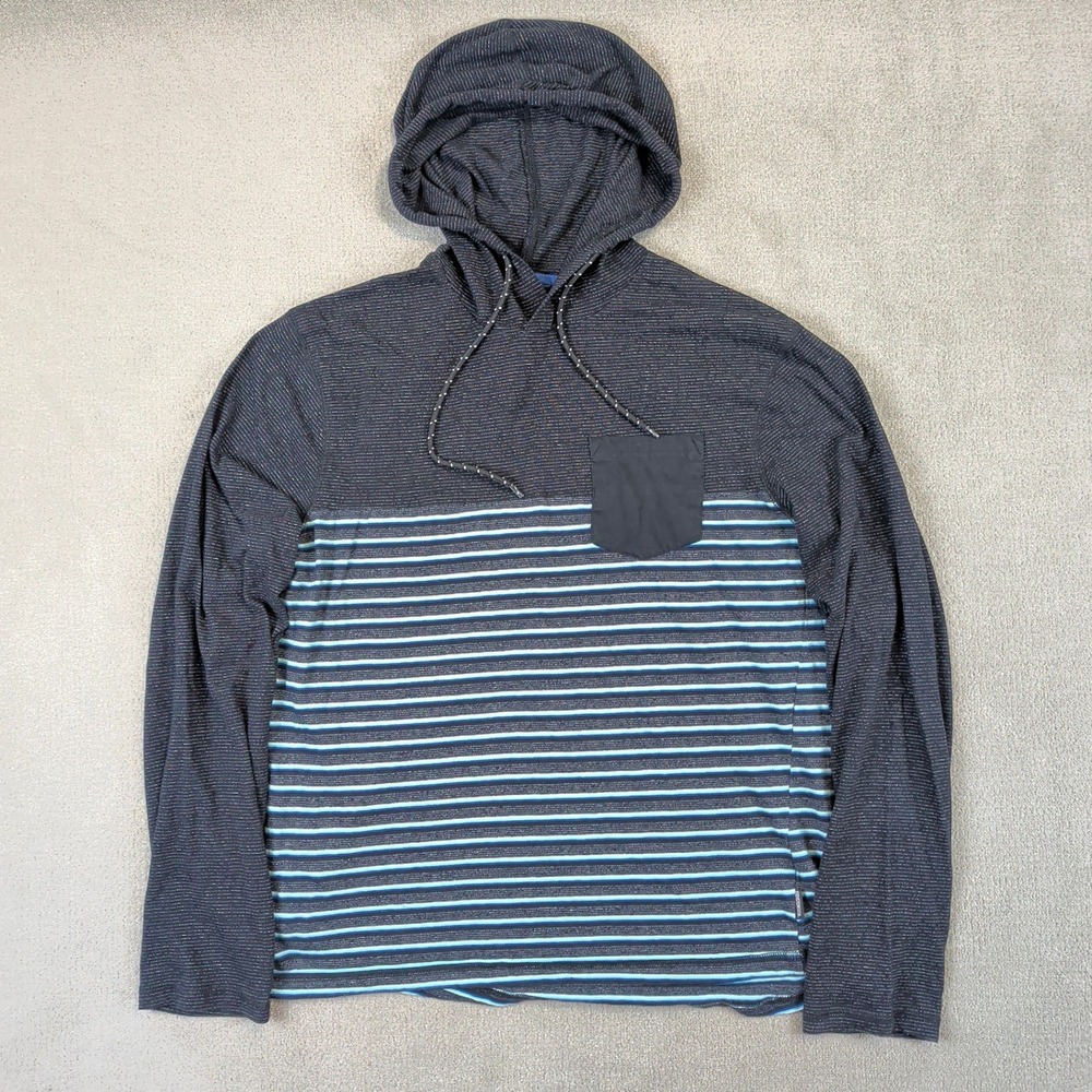 Distortion Hoodie Shirt Mens Large Blue Gray Striped Long Sleeve Pocket Light